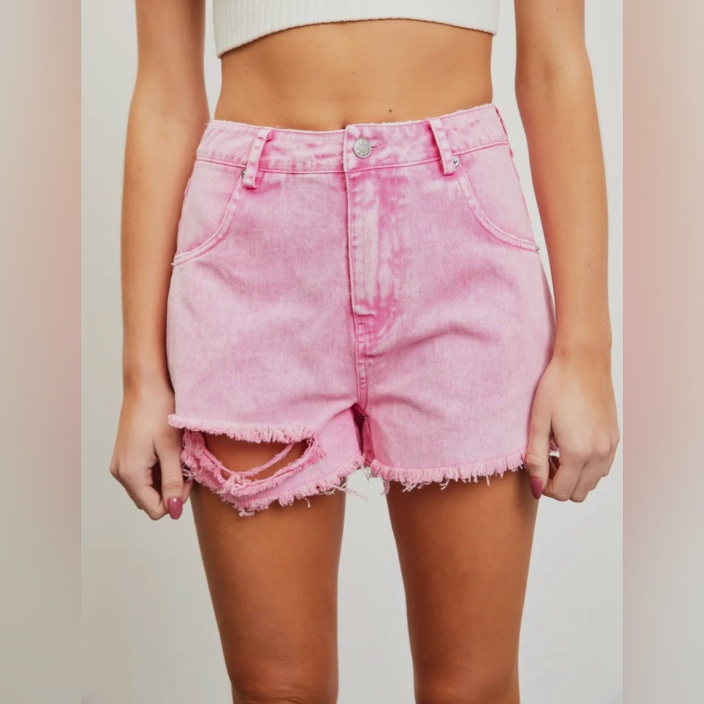 Mustard Seed High Rise Pink Distressed Denim Shorts